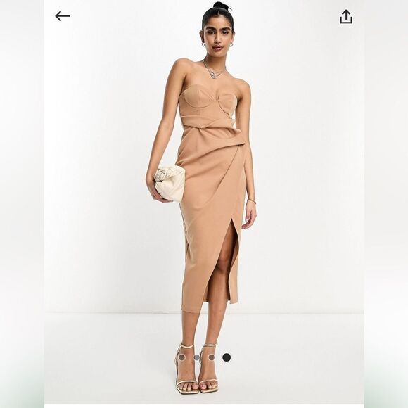 ASOS Design Cupped Bandeau Manipulated Pleat Midi Pencil Dress in Caramel NWT - Picture 1 of 8